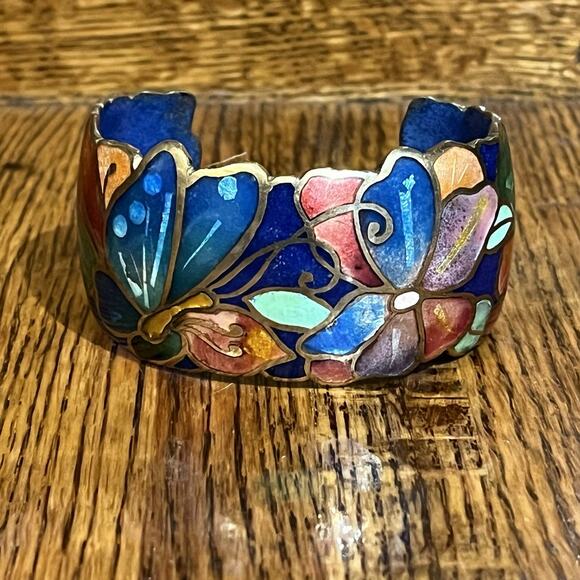 Vintage Signed David Kuo Champleve Enamel Cuff Bracelet Cloisonné Butterfly - Picture 16 of 16